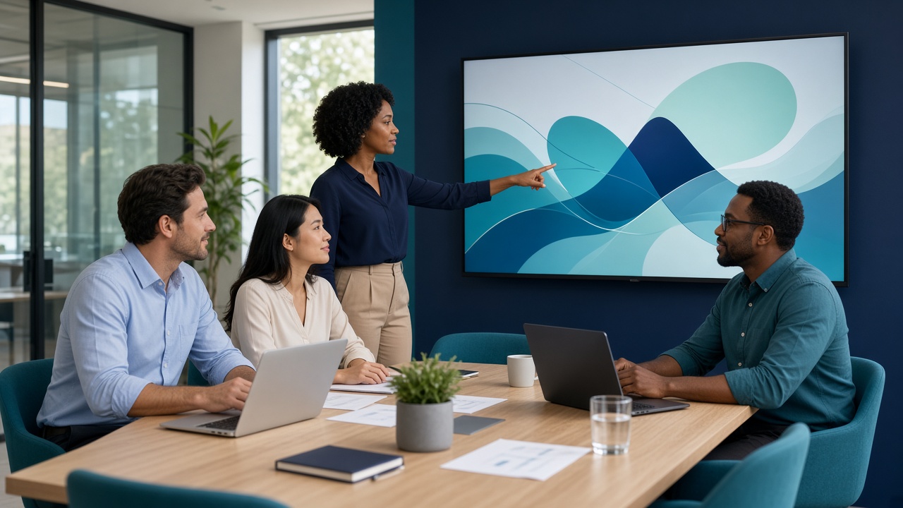 Professionals collaborating in a modern office